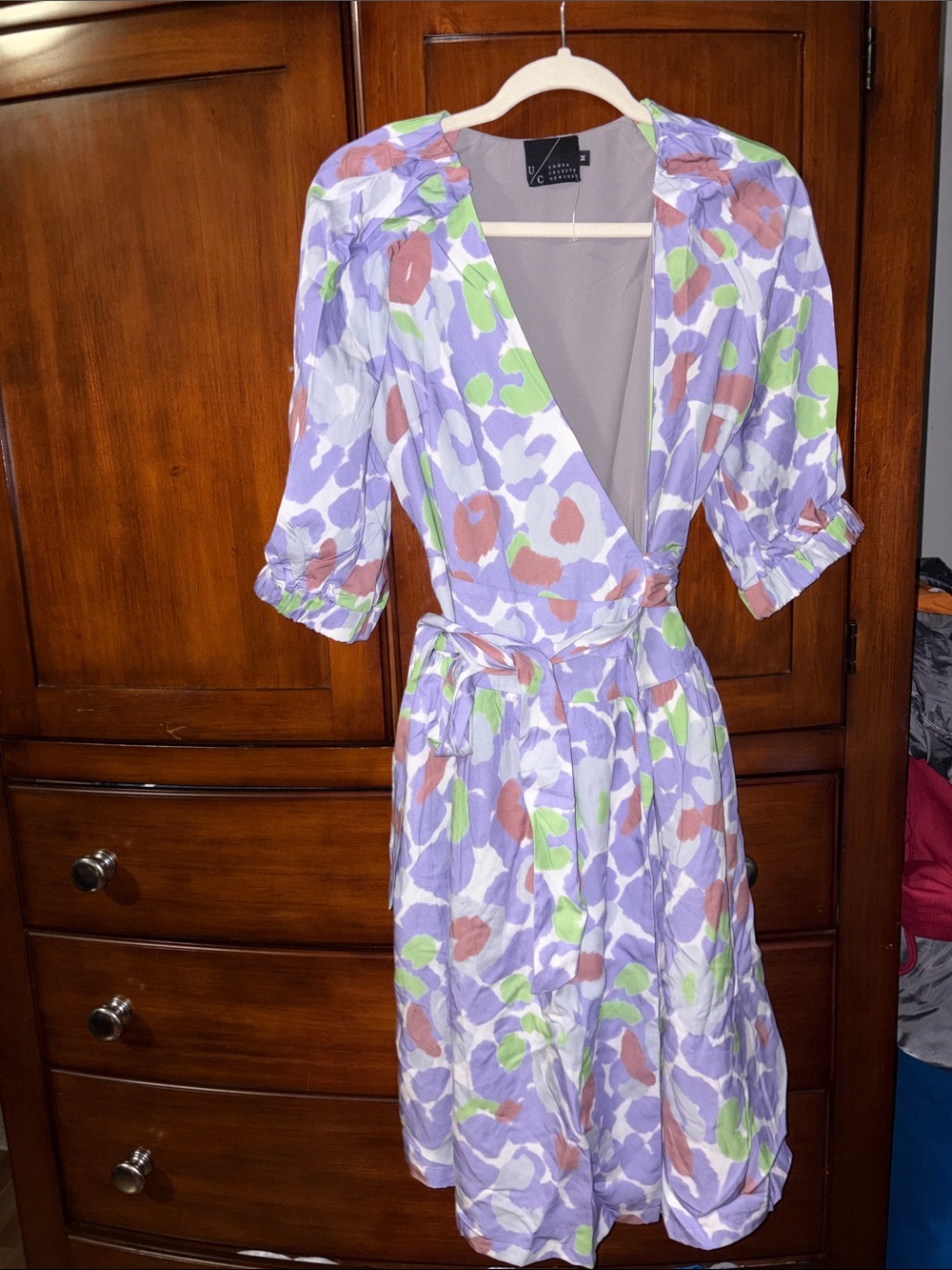 Umbro Lavender Floral Wrap Dress with Green and Rust Accents